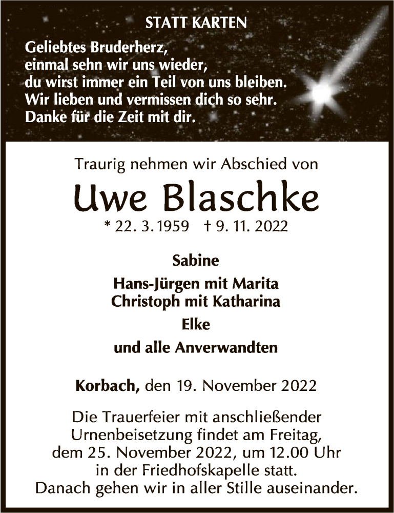  Traueranzeige für Uwe Blaschke vom 19.11.2022 aus WLZ