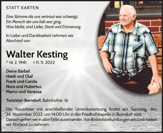 Traueranzeige von Walter Kesting von WLZ