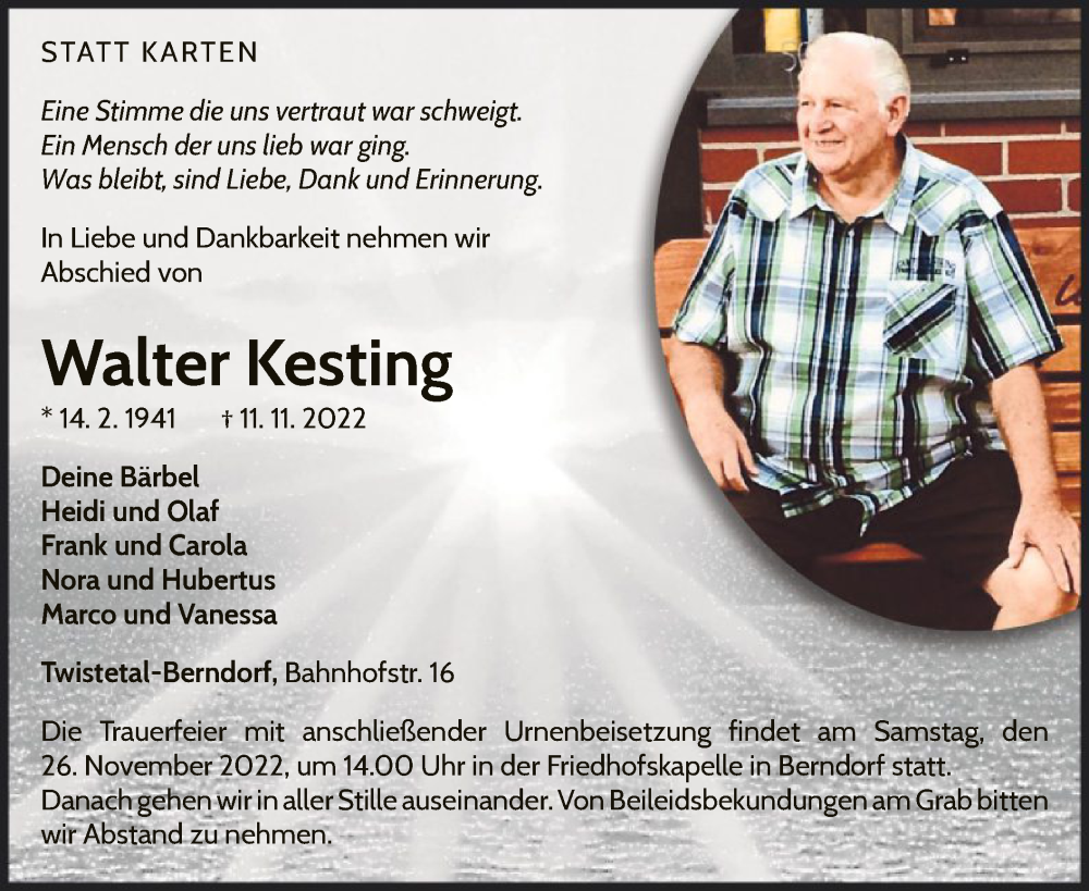  Traueranzeige für Walter Kesting vom 24.11.2022 aus WLZ