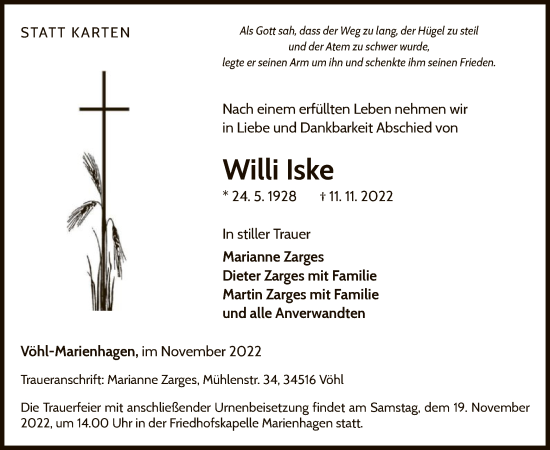 Traueranzeige von Willi Iske von WLZ