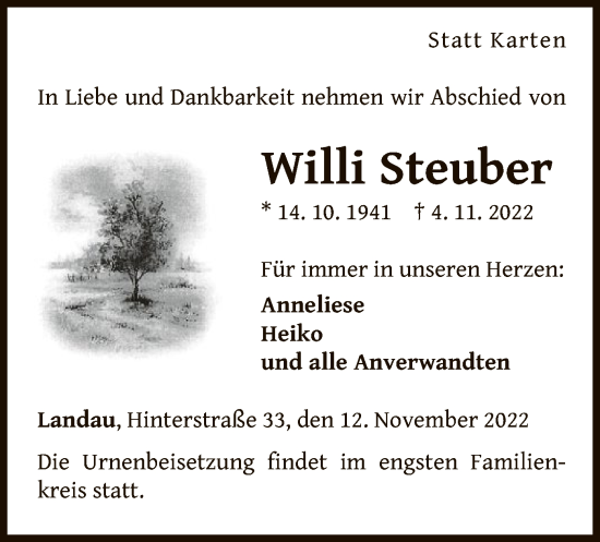 Traueranzeige von Willi Steuber von WLZ