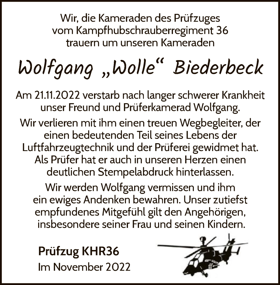  Traueranzeige für Wolfgang Biederbeck vom 26.11.2022 aus WLZ