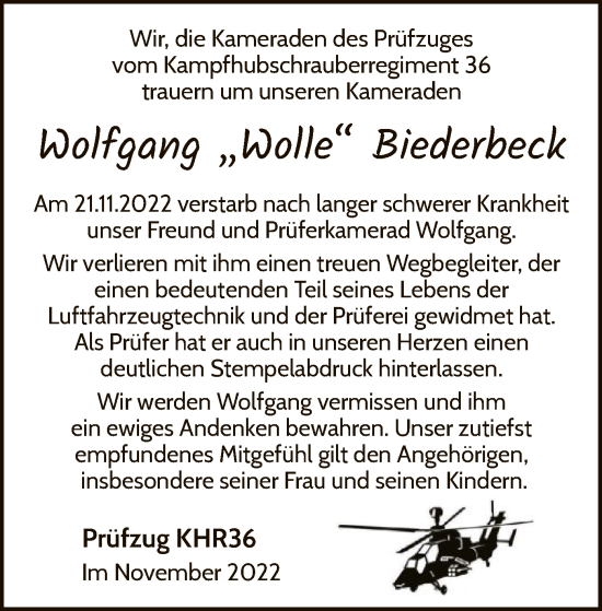 Traueranzeige von Wolfgang Biederbeck von WLZ