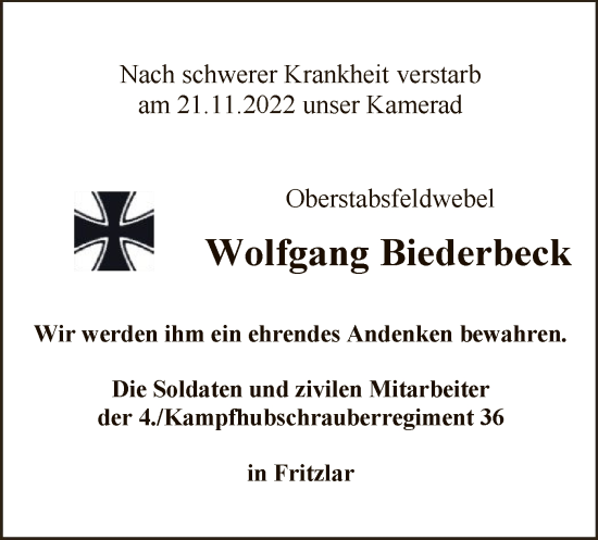 Traueranzeige von Wolfgang Biederbeck von WLZ