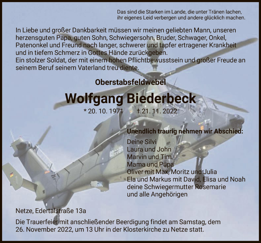  Traueranzeige für Wolfgang Biederbeck vom 23.11.2022 aus HNA
