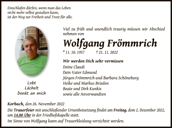 Traueranzeige von Wolfgang Frömmrich von WLZ