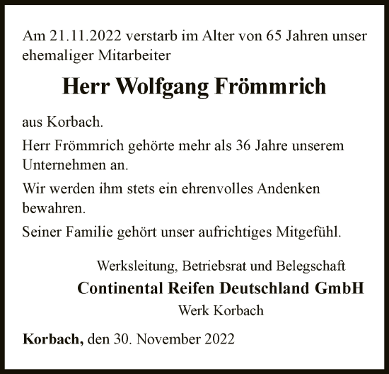 Traueranzeige von Wolfgang Frömmrich von WLZ