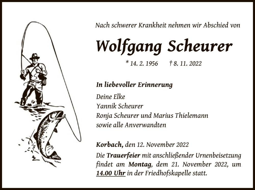  Traueranzeige für Wolfgang Scheurer vom 12.11.2022 aus WLZ