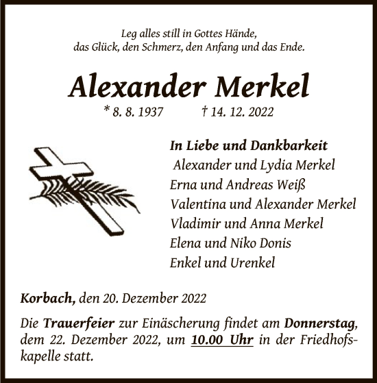Traueranzeige von Alexander Merkel von WLZ