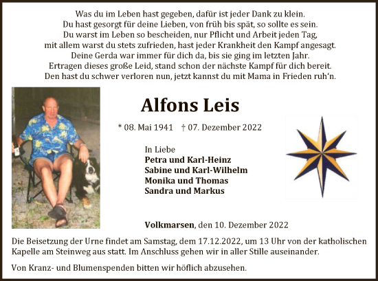 Traueranzeige von Alfons Leis von WLZ