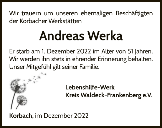 Traueranzeige von Andreas Werka von WLZ