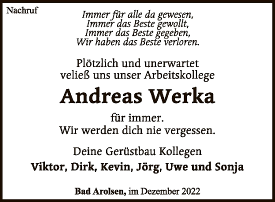 Traueranzeige von Andreas Werka von WLZ