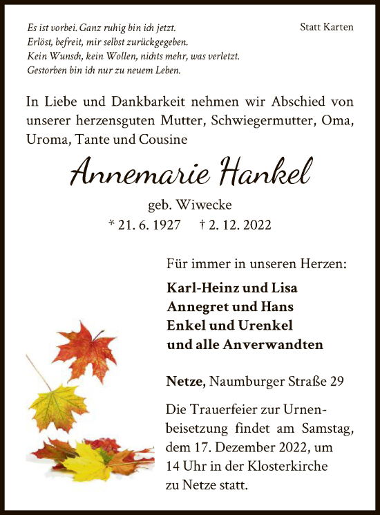 Traueranzeige von Annemarie Hankel von WLZ