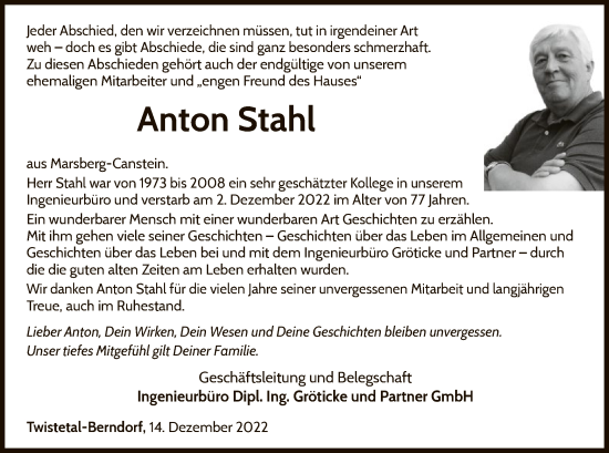 Traueranzeige von Anton Stahl von WLZ