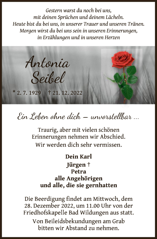 Traueranzeige von Antonia Seibel von WLZ