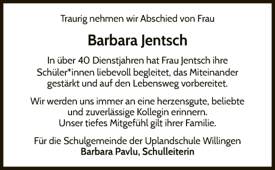 Traueranzeige von Barbara Jentsch von WLZ