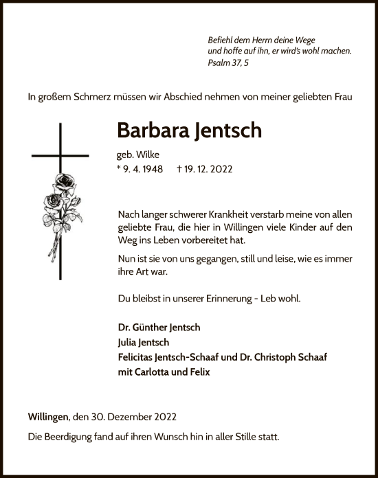 Traueranzeige von Barbara Jentsch von WLZ