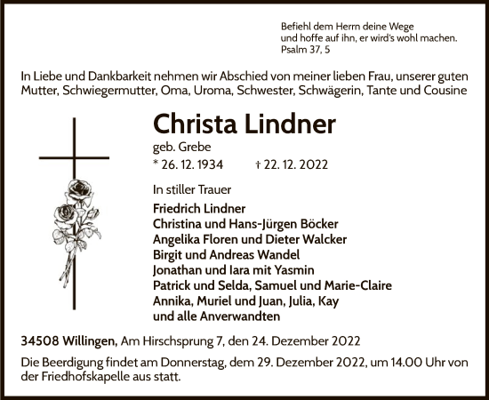 Traueranzeige von Christa Lindner von WLZ