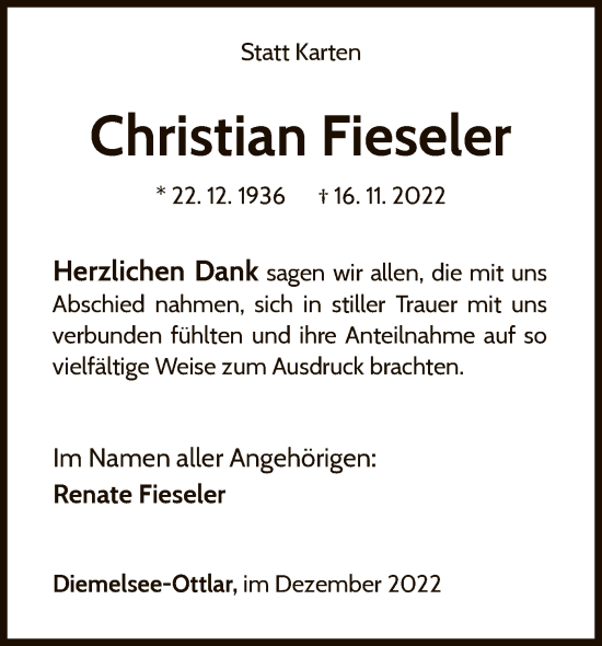 Traueranzeige von Christian Fieseler von WLZ