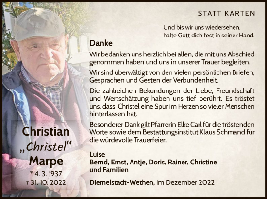 Traueranzeige von Christian Marpe von WLZ