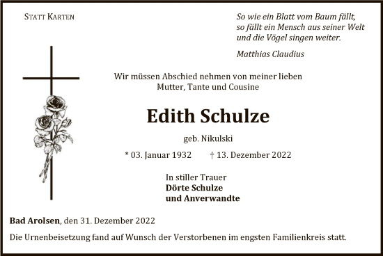 Traueranzeige von Edith Schulze von WLZ