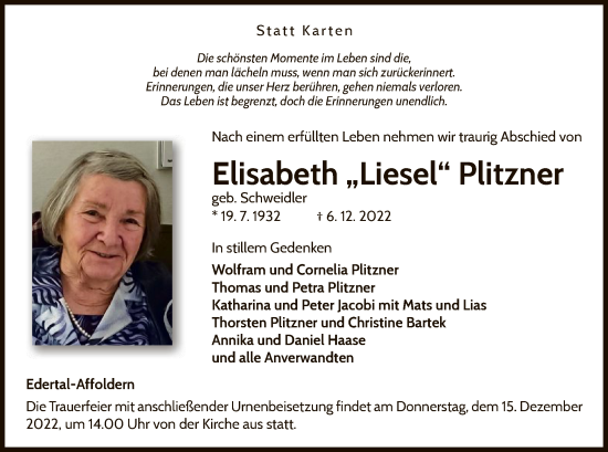 Traueranzeige von Elisabeth  Plitzner von WLZ