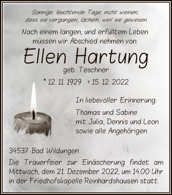 Traueranzeige von Ellen Hartung von WLZ