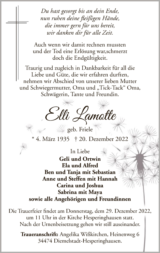 Traueranzeige von Elli Lamotte von WLZ