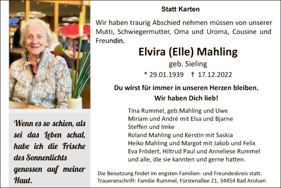 Traueranzeige von Elvira  Mahling von WLZ