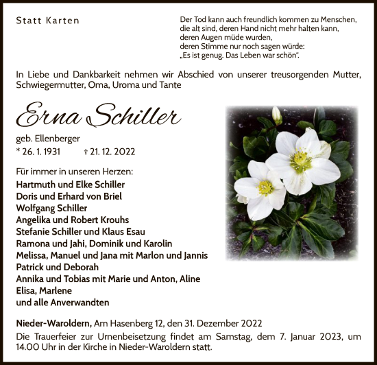 Traueranzeige von Erna Schiller von WLZ