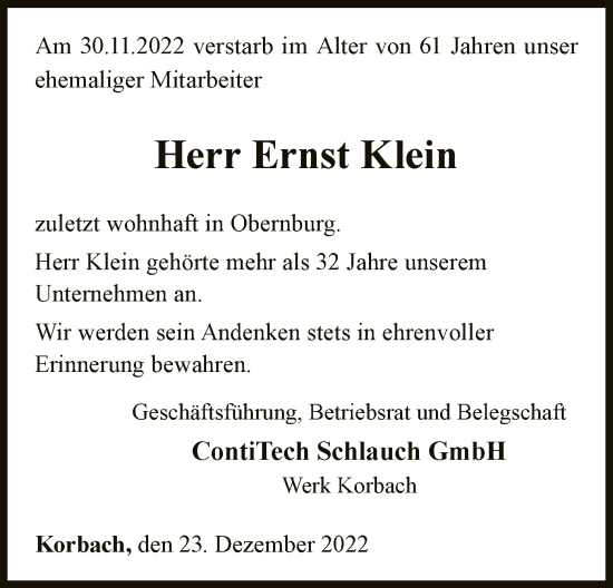 Traueranzeige von Ernst Klein von WLZ