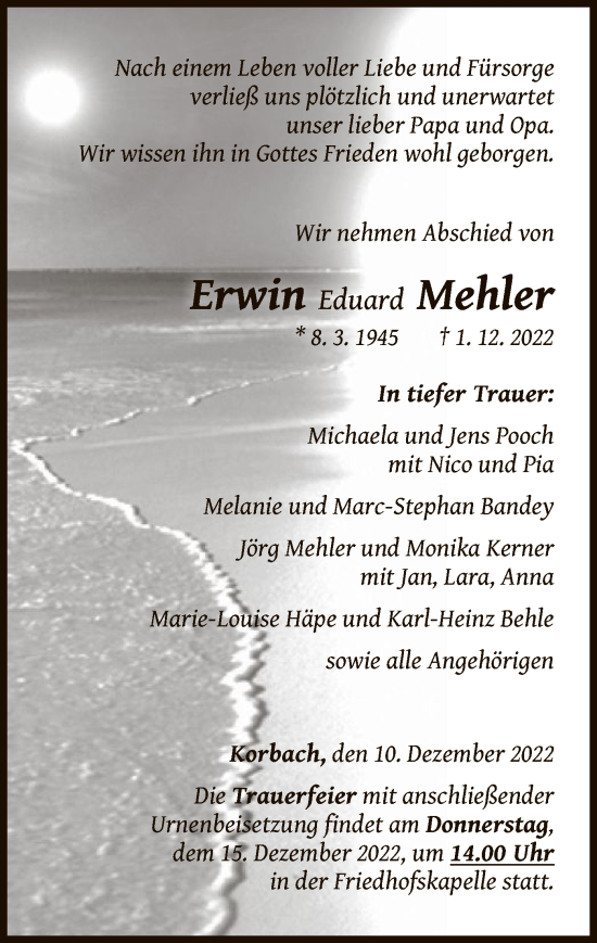 Traueranzeige von Erwin Mehler von WLZ