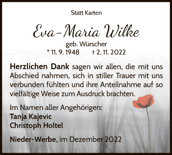 Traueranzeige von Eva-Maria Wilke von WLZ