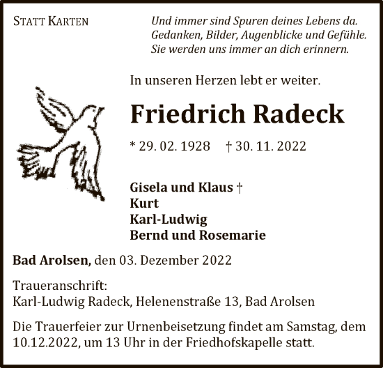 Traueranzeige von Friedrich Radeck von WLZ