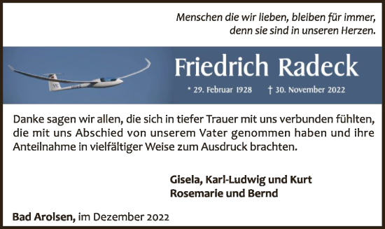 Traueranzeige von Friedrich Radeck von WLZ
