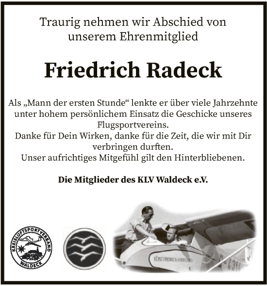 Traueranzeige von Friedrich Radeck von WLZ