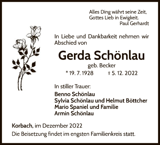 Traueranzeige von Gerda Schönlau von WLZ