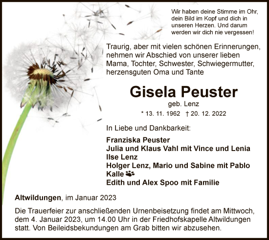 Traueranzeige von Gisela Peuster von WLZ