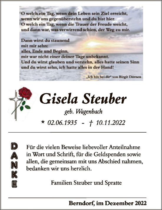 Traueranzeige von Gisela Steuber von WLZ