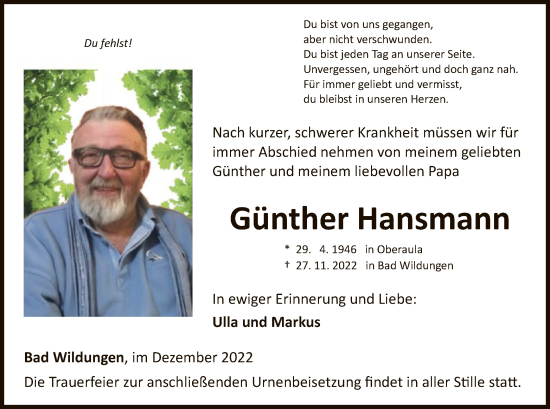 Traueranzeige von Günther Hansmann von WLZ