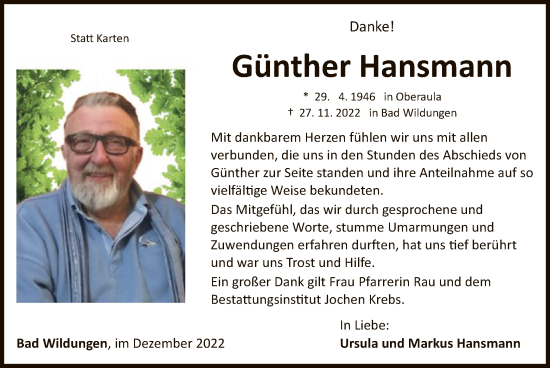 Traueranzeige von Günther Hansmann von WLZ