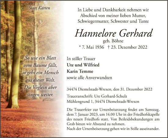 Traueranzeige von Hannelore Gerhard von WLZ