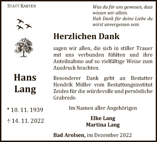 Traueranzeige von Hans Lang von WLZ