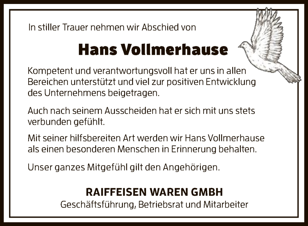  Traueranzeige für Hans Vollmerhause vom 02.12.2022 aus WLZ