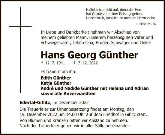 Traueranzeige von Hans Georg Günther von WLZ