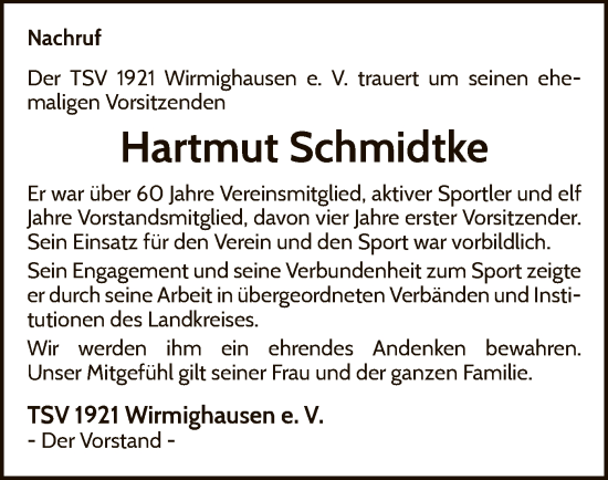 Traueranzeige von Hartmut Schmidtke von WLZ