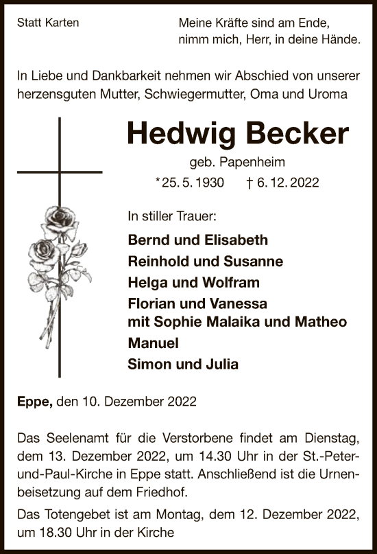 Traueranzeige von Hedwig Becker von WLZ