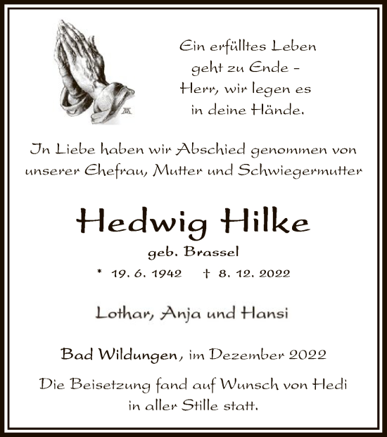 Traueranzeige von Hedwig Hilke von WLZ