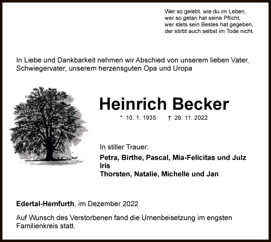 Traueranzeige von Heinrich Becker von WLZ