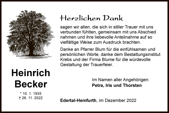 Traueranzeige von Heinrich Becker von WLZ